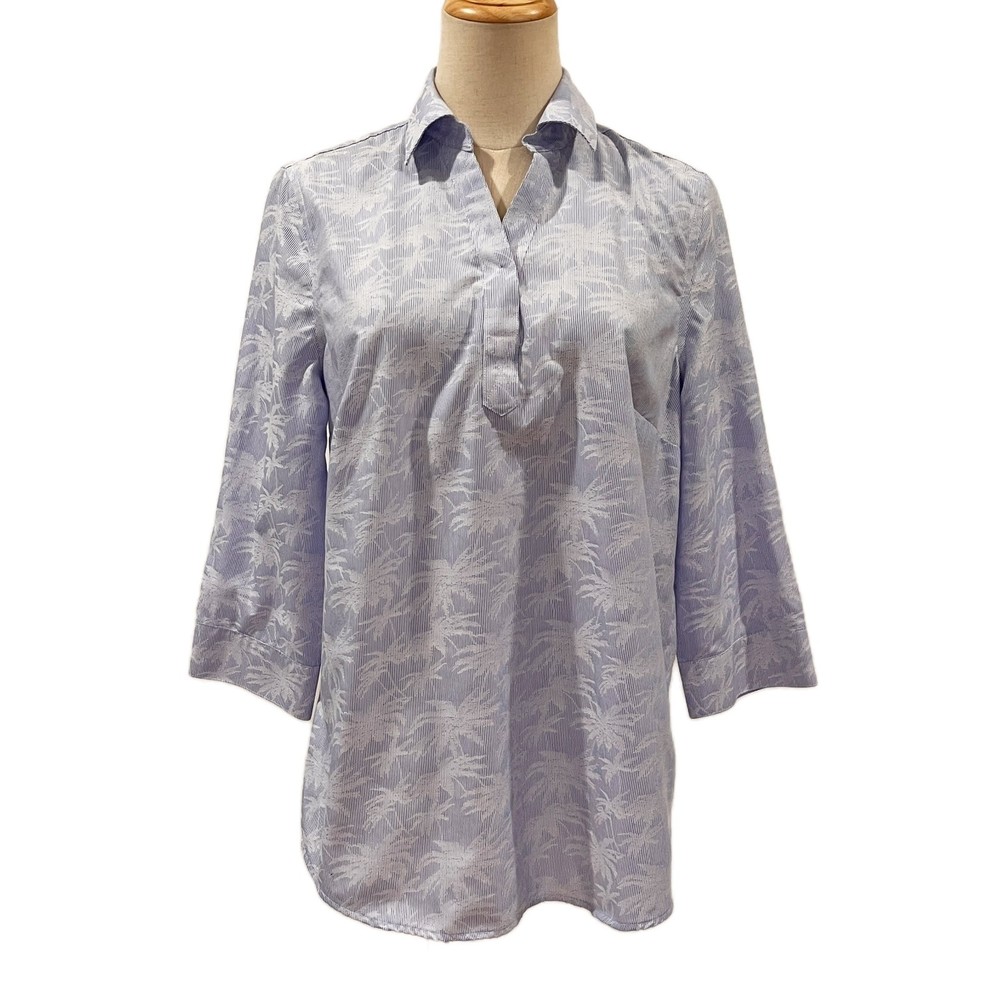 Chico's Blue White Popover Top Bamboo Palm Print Size 0